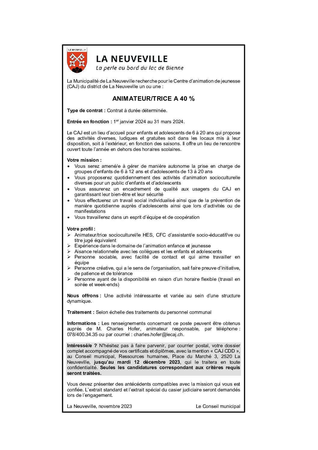 Animateur-trice à 40 % – CAJ – 2023 – Annonce longue